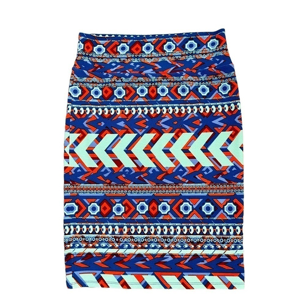 LuLaRoe Geometric Aztec Design Stretchy Pencil Skirt Blue, Orange, Red, Mint. M - Picture 2 of 7